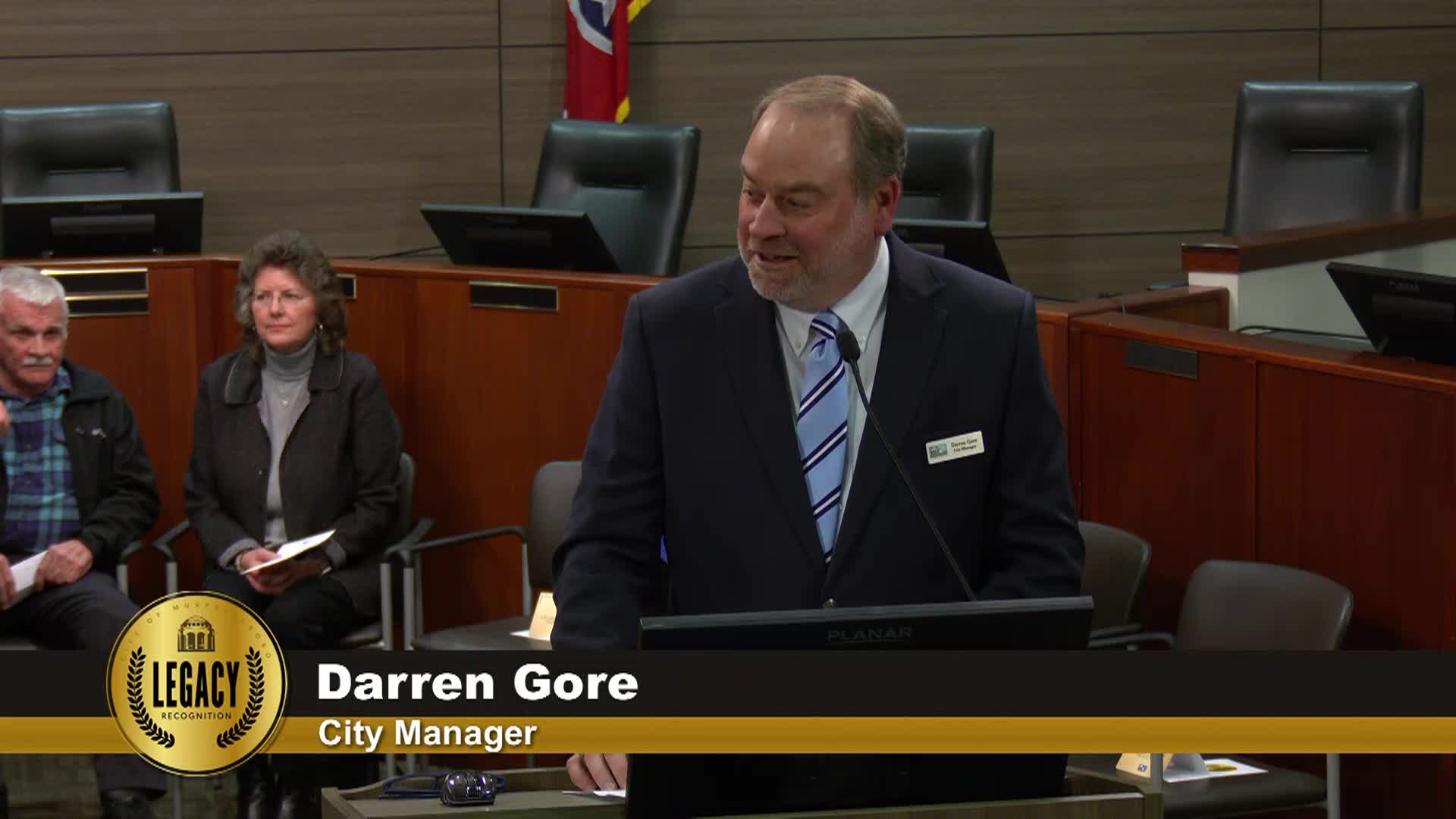 City Manager Darren Gore speaking to audience at the Legacy ceremony